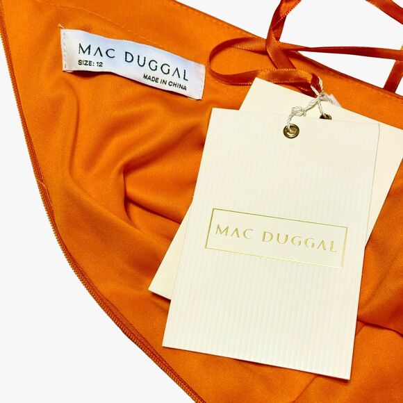 NEW Mac Duggal Ieena One Shoulder Bishop Sleeve Gown Spice Orange Pockets Sz 12 - Picture 6 of 14